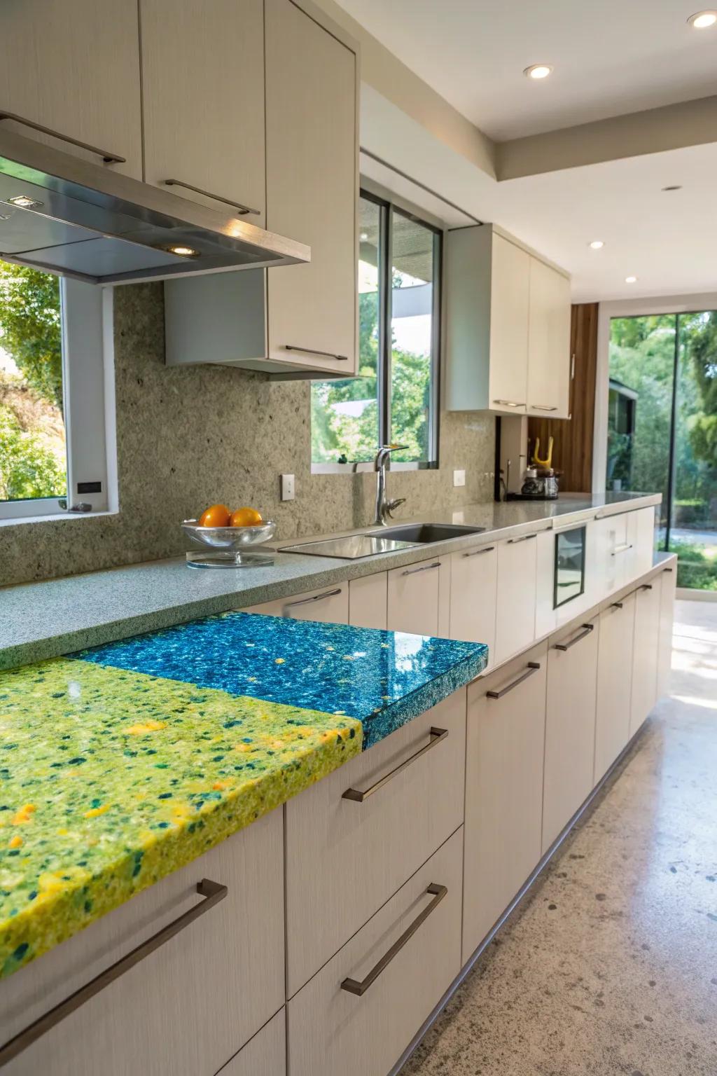 Reclaimed pane worktops provide an eco-friendly and artistic touch.
