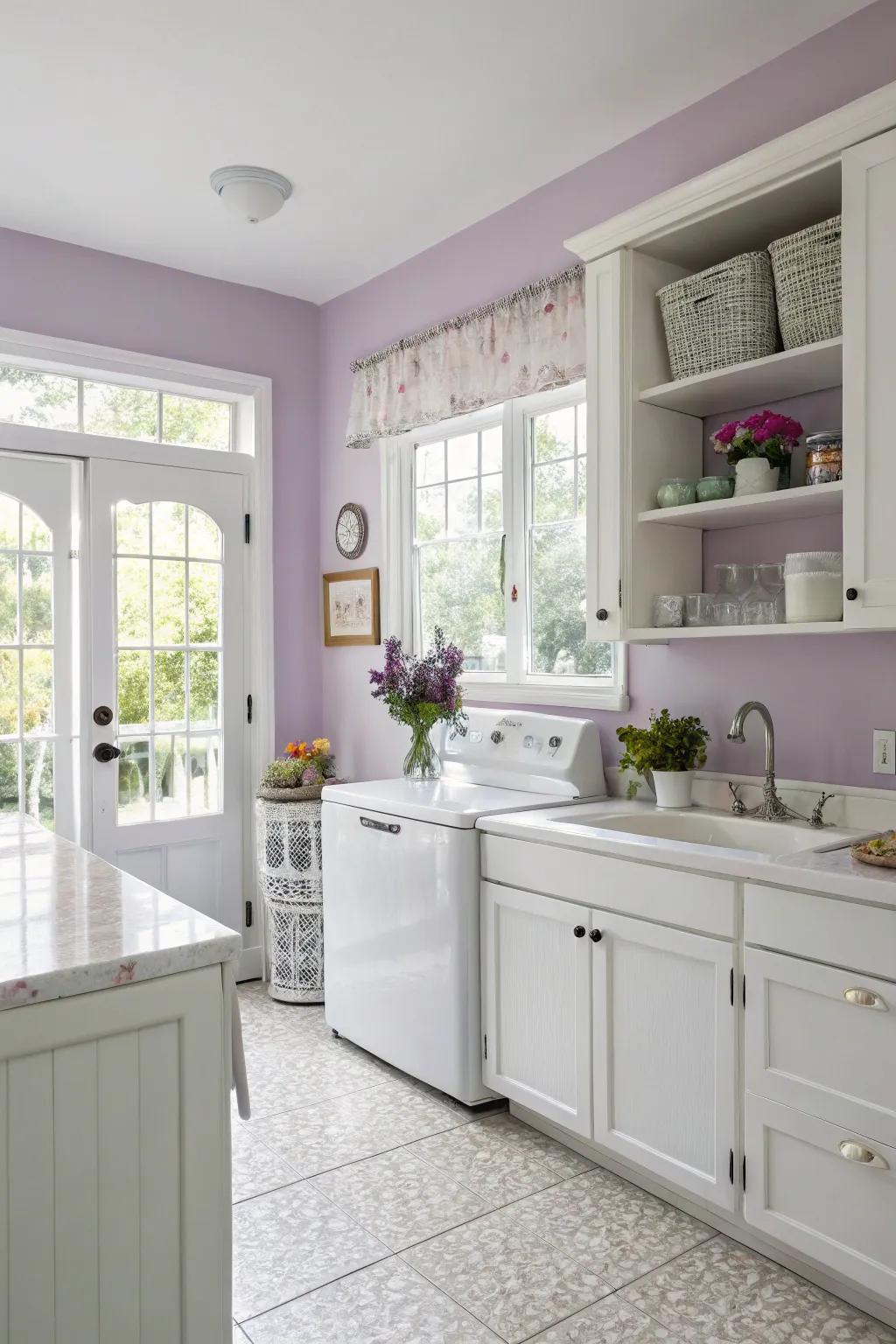Delicate lavender hues create a calming and serene cooking setting.