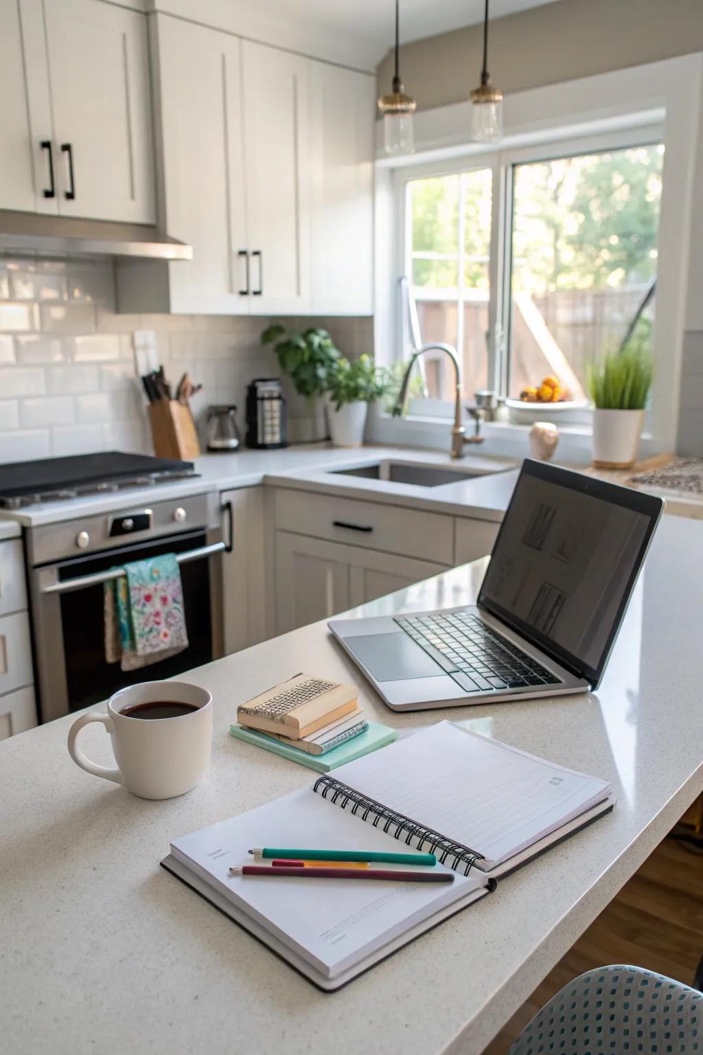 A kitchen desk created by purposing previously unoccupied space.