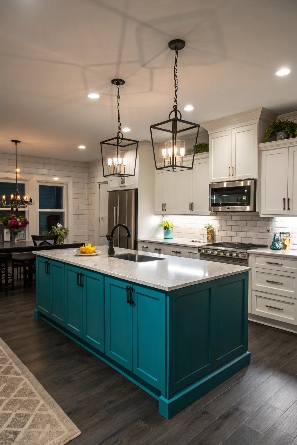 An electric splash kitchen island contributes a vibrant and modern touch to the kitchen decor.