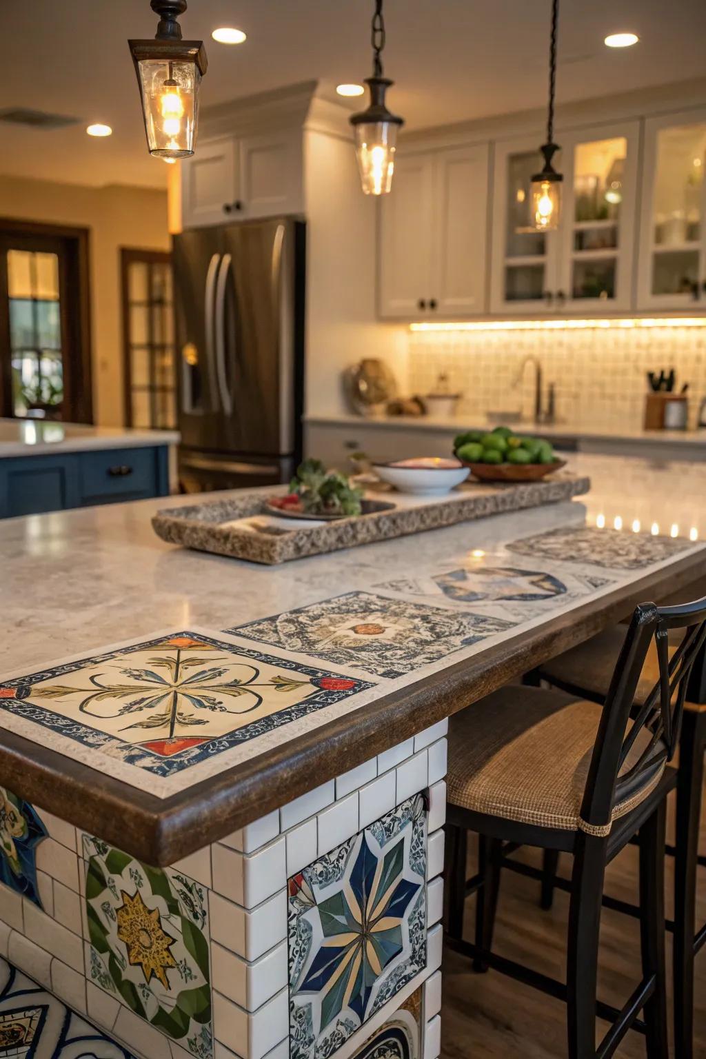 Artistic touches transform a kitchen island into a work of art.
