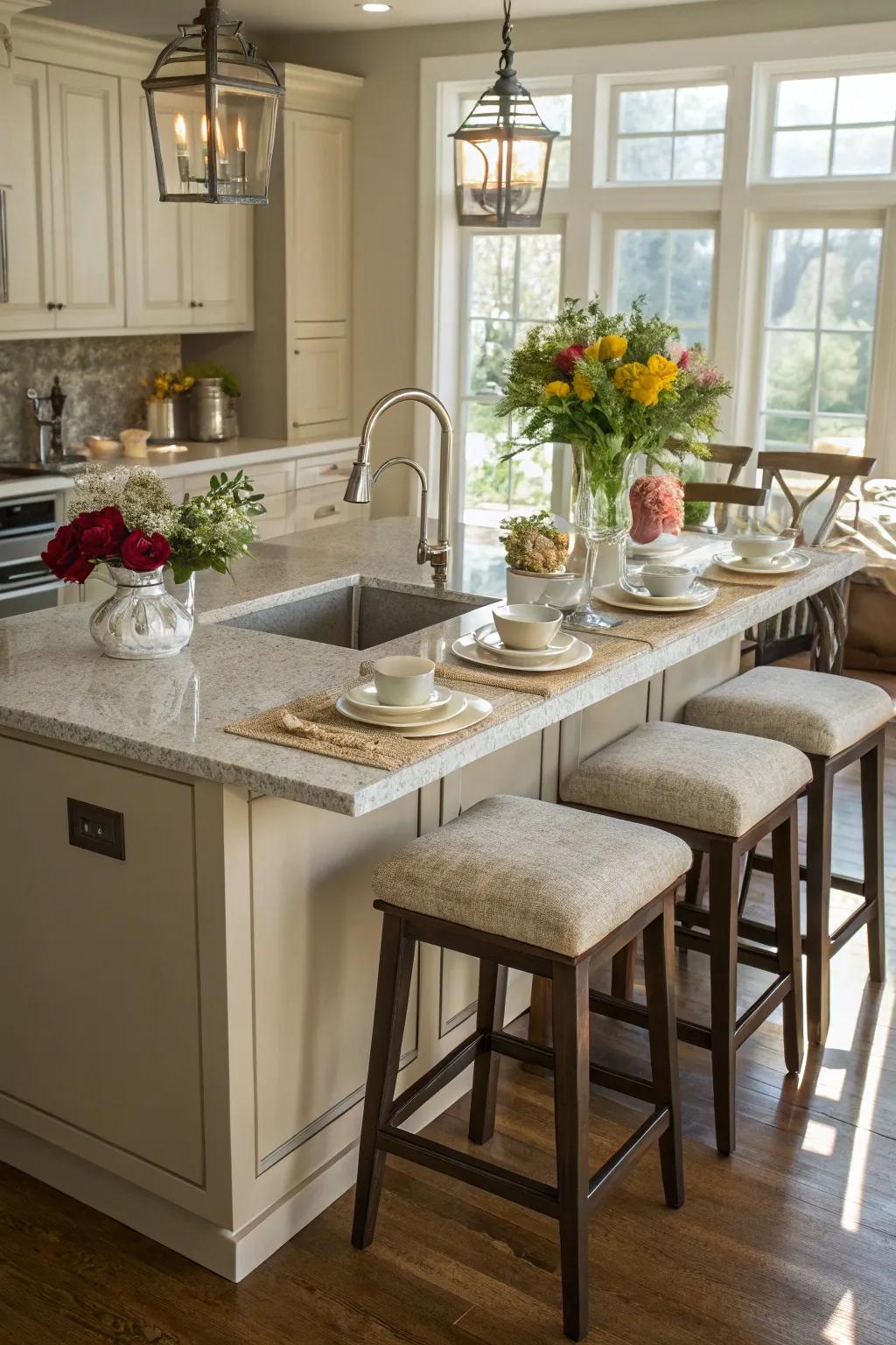 A multi-use island transforms into the heart of the kitchen.