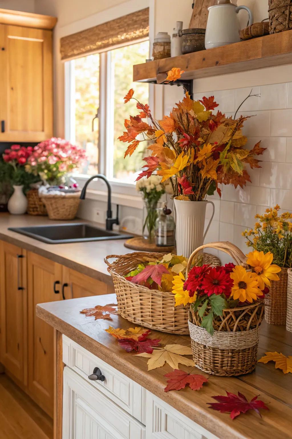 Time themed decor keeps the kitchen feeling fresh and lively throughout the year.