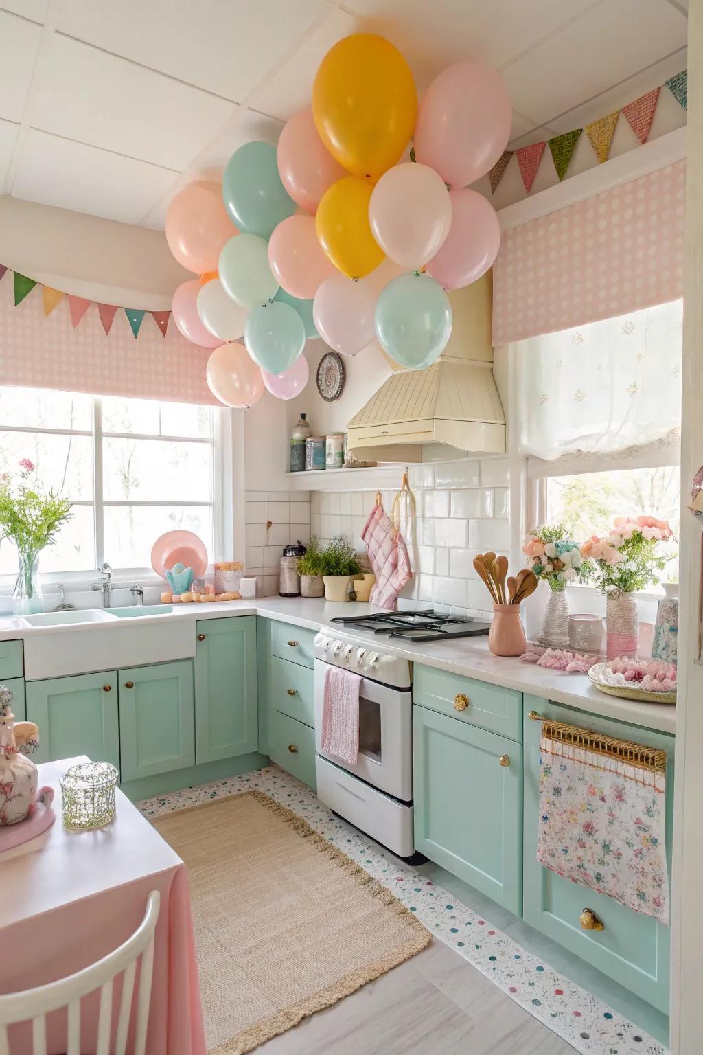 Balloon shades incorporate a whimsical charm to kitchen decor.