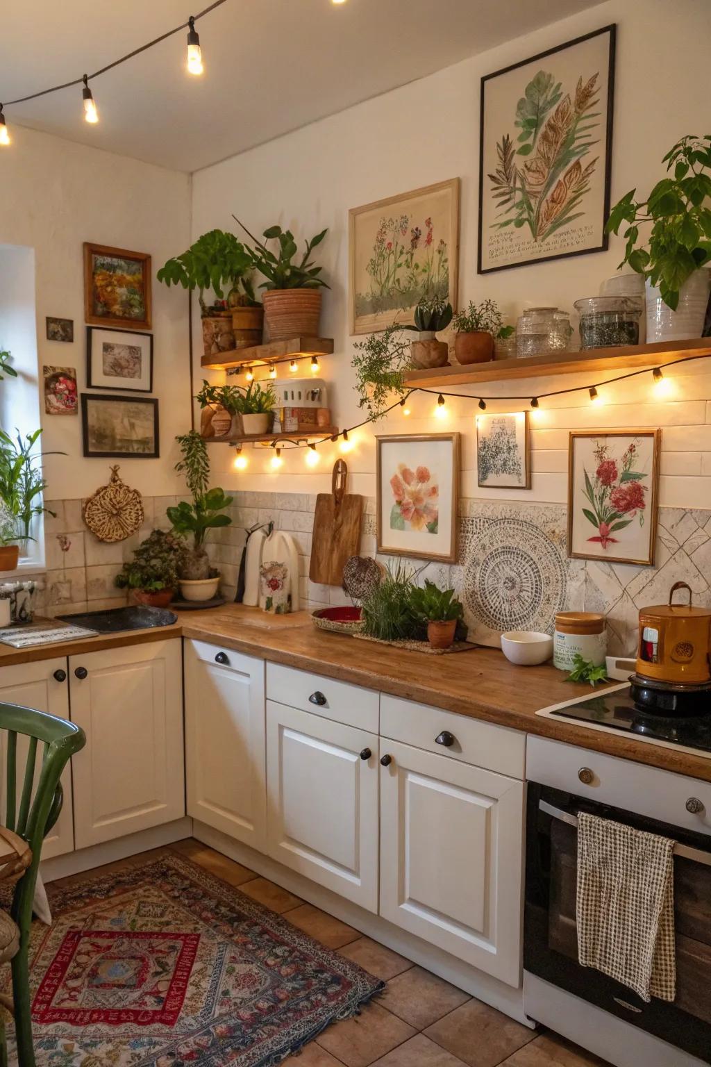 Artwork and décor transforming the kitchen into a personal sanctuary.