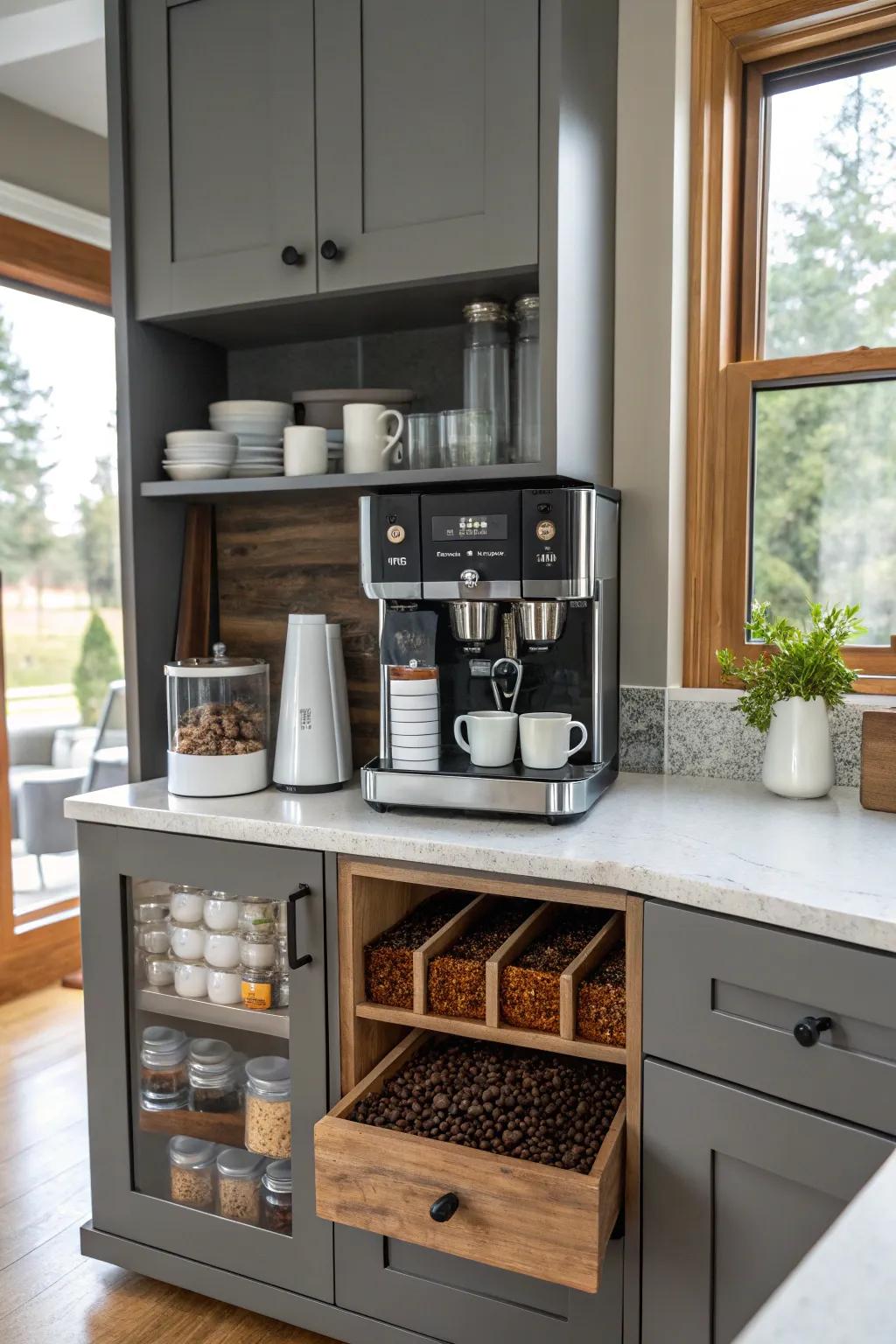 A kitchen with a convenient custom drink station.