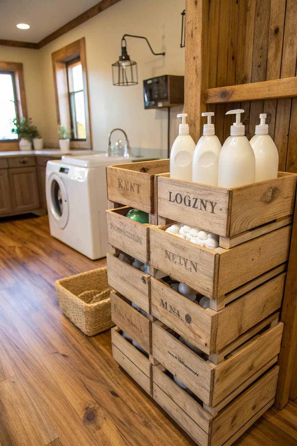 Wooden boxes impart a rustic charm upon your laundry storage.