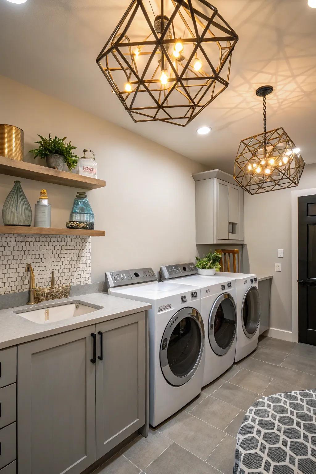Geometric fixtures add artistic flair to your laundry area.