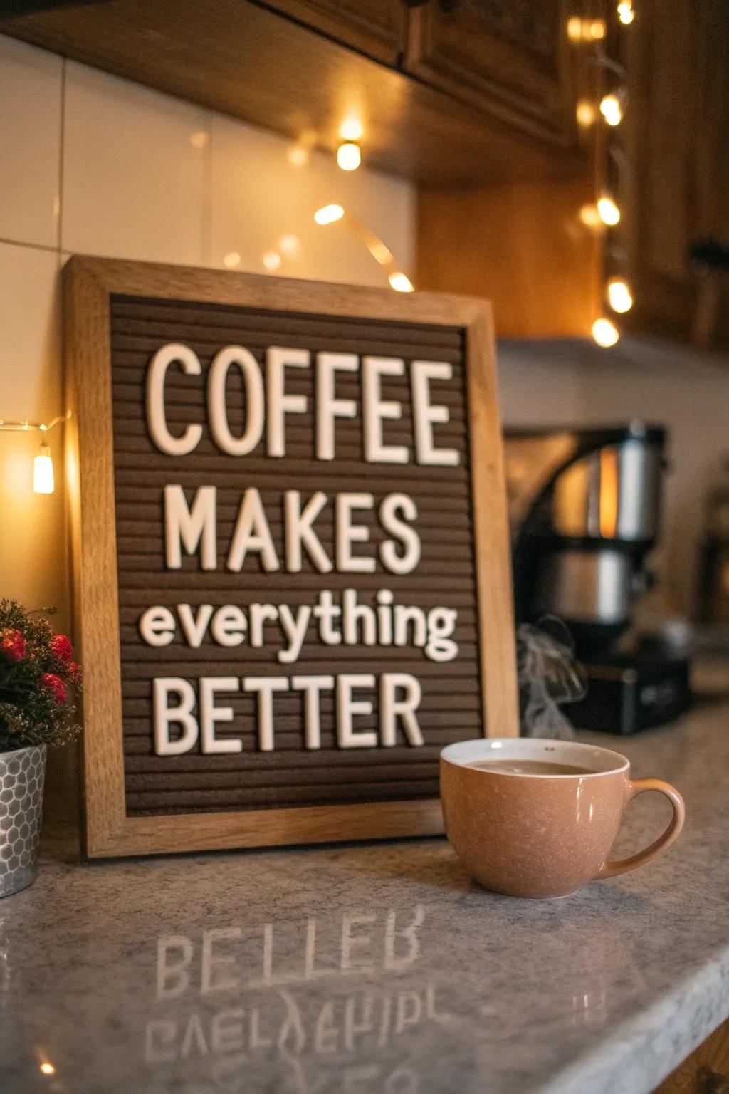 Express your coffee love with morning quotes on your display board.