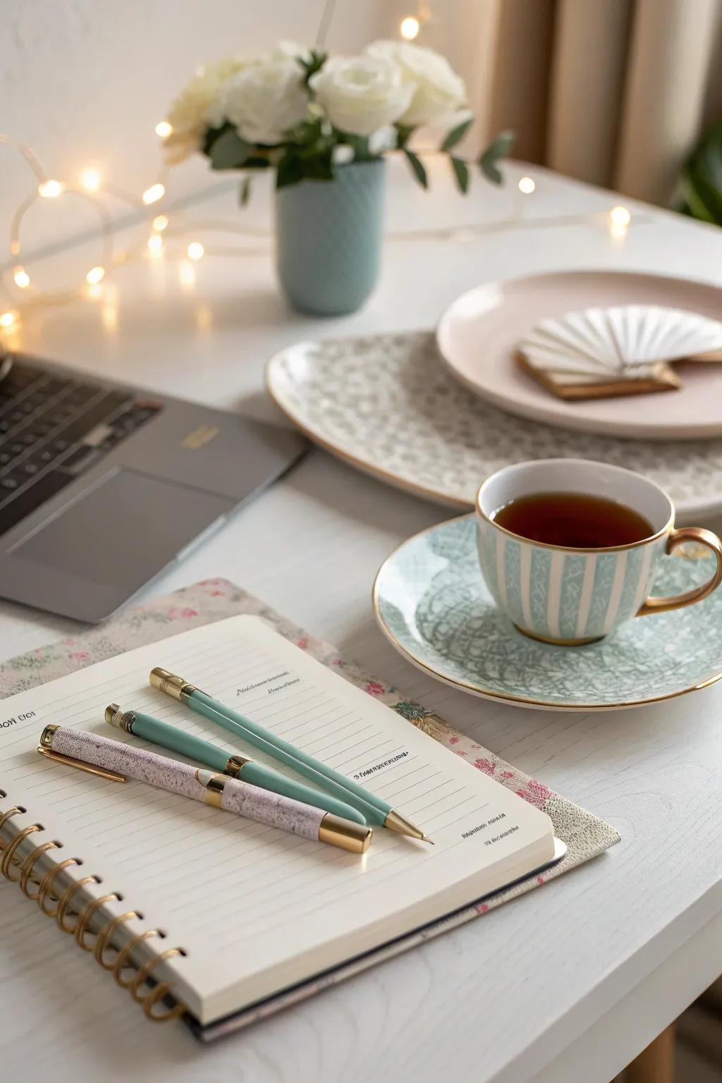 A peaceful journaling setup with plates, promoting emotional healing.