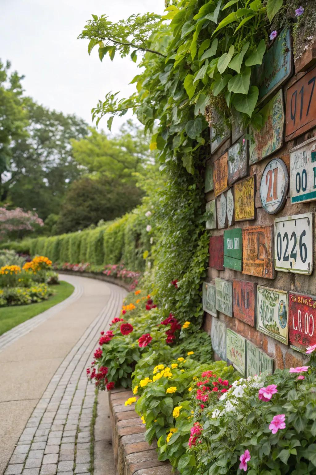 A metal sheet garden wall creates a colorful backdrop for plants.