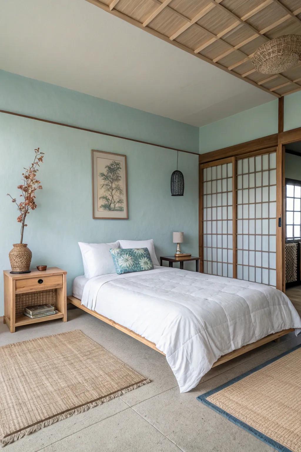 A Zen-inspired bedroom featuring pale blue and minimalist décor for ultimate relaxation.