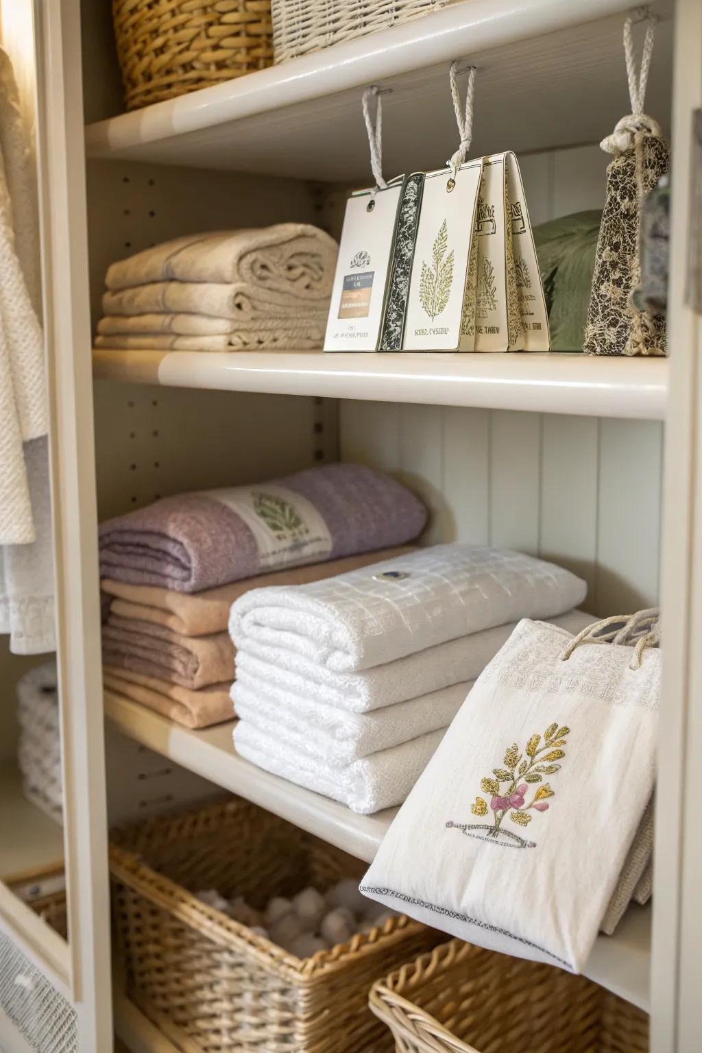 A scented pouch keeps linens smelling fresh and inviting.