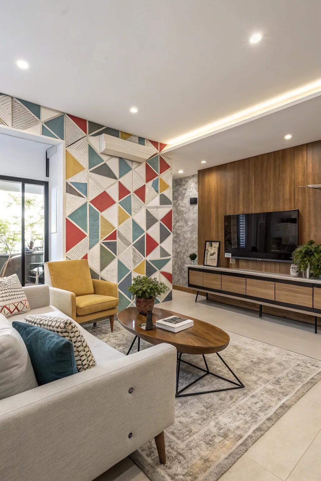 Geometric patterns add modern artistry to this living room's feature wall.