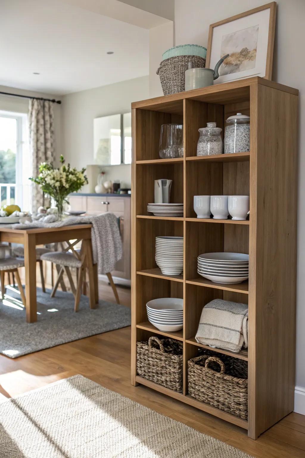 A dining area extension using cube storage for integrated functionality.