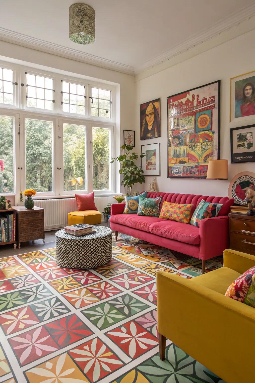 Artistic vinyl flooring adds personality and panache with bold designs.