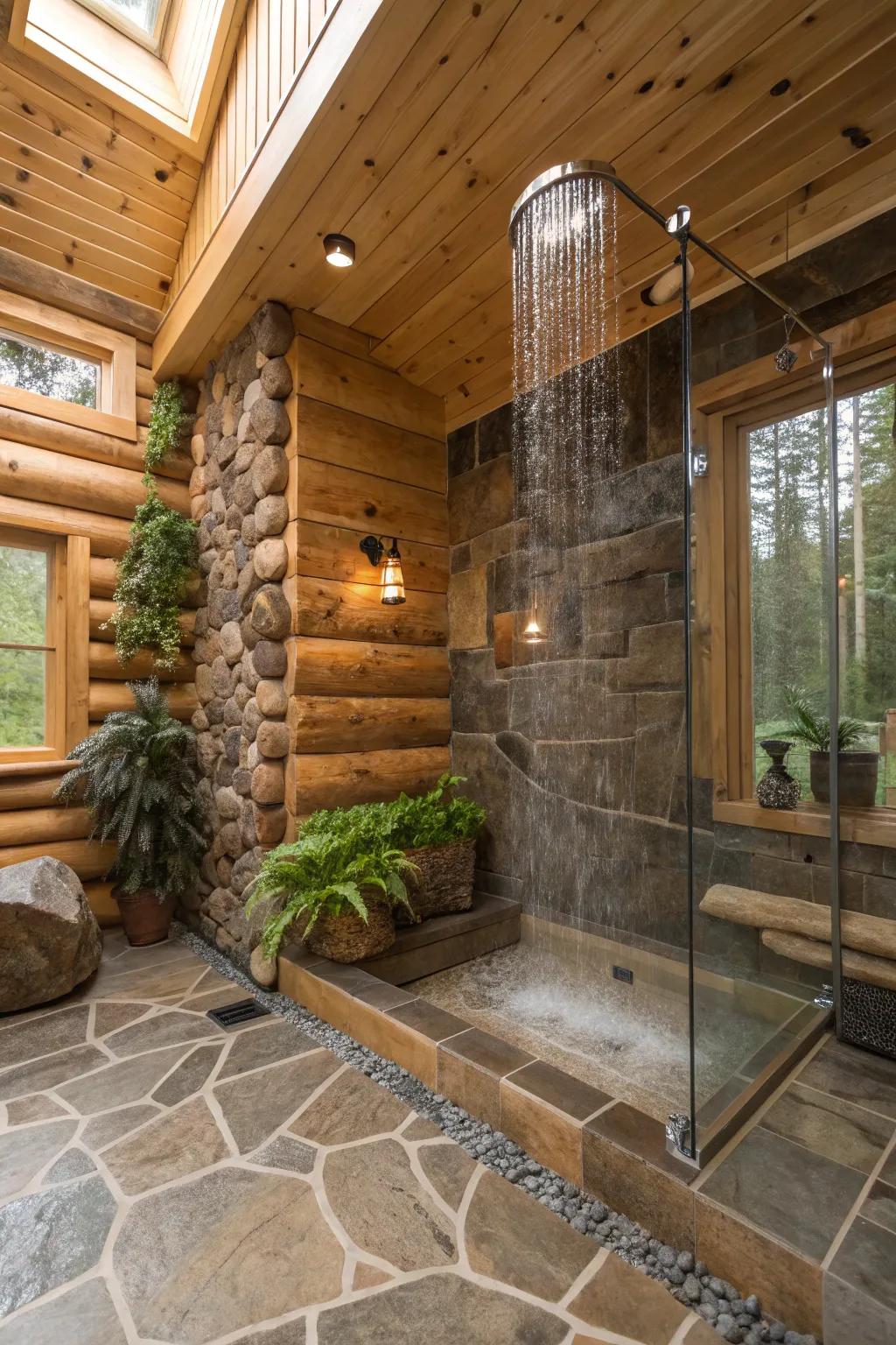 A log cabin bathroom with a luxurious waterfall shower.