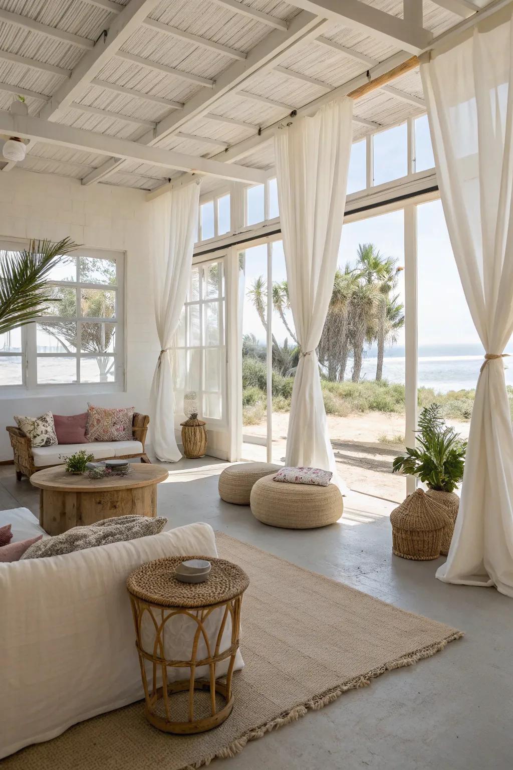 A spacious and welcoming living room is created by an open, airy design.