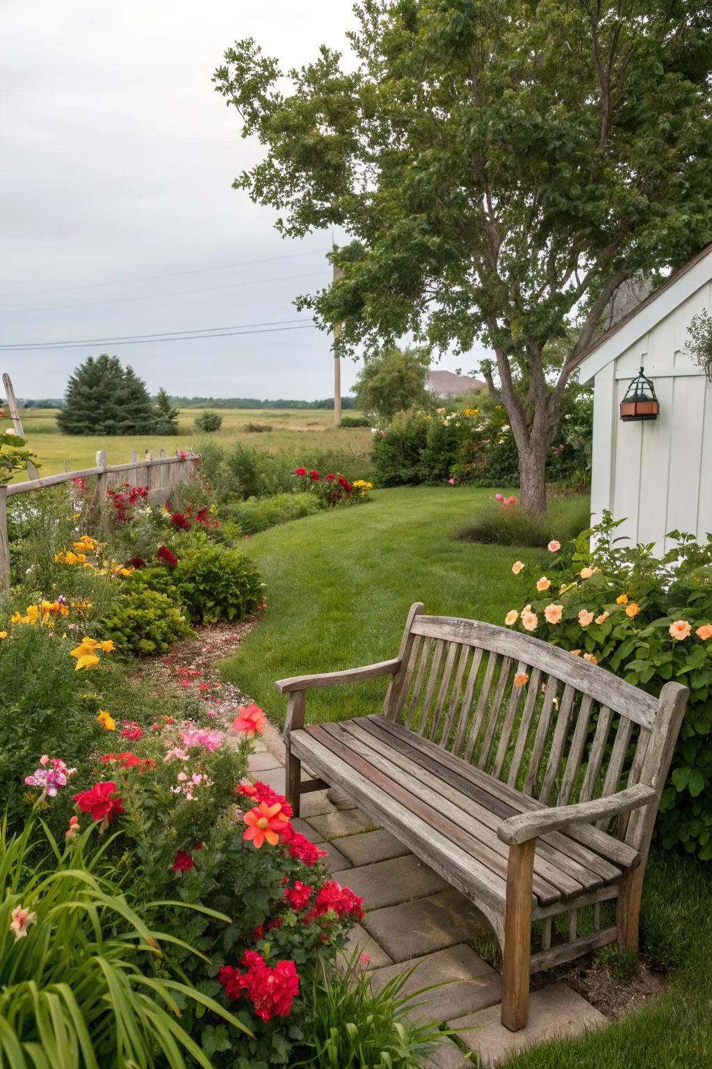 A wooden bench inviting you to relax and enjoy the garden.