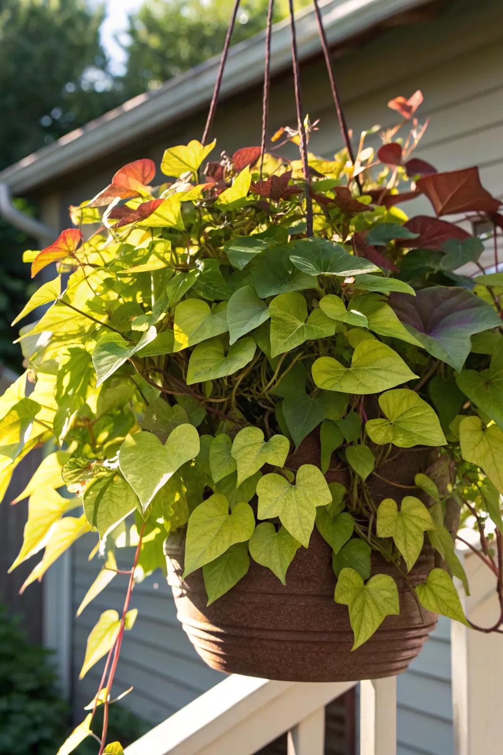 Sweet potato vine adding drama with its foliage in full sun.