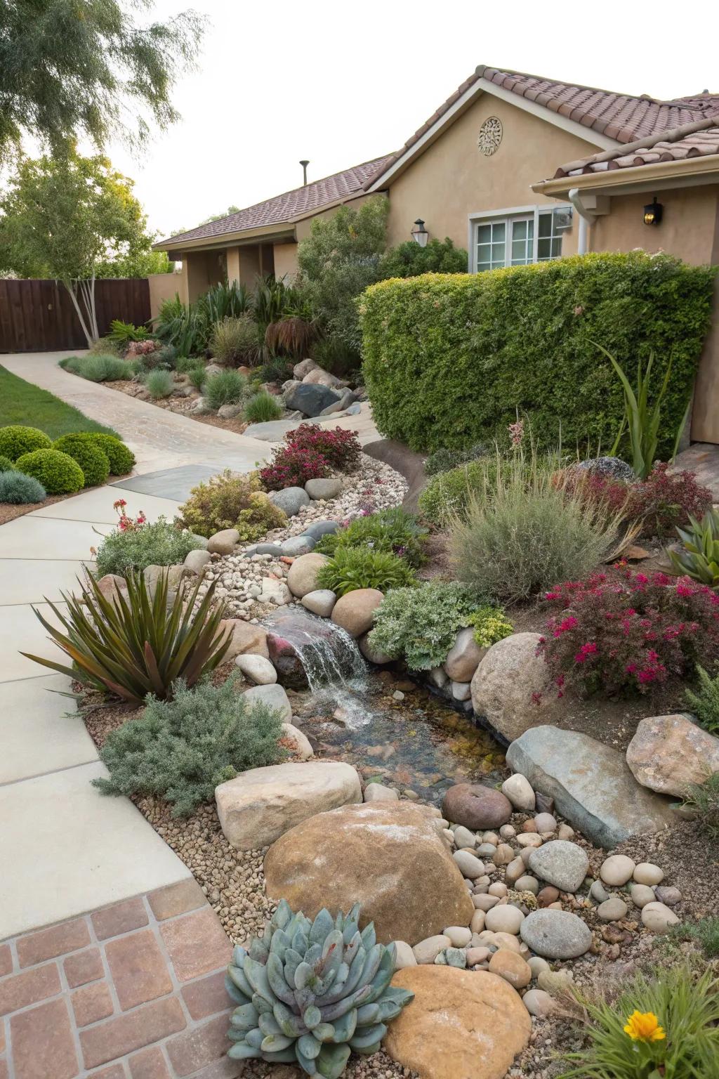 A small water feature adds tranquility to a xeriscape.