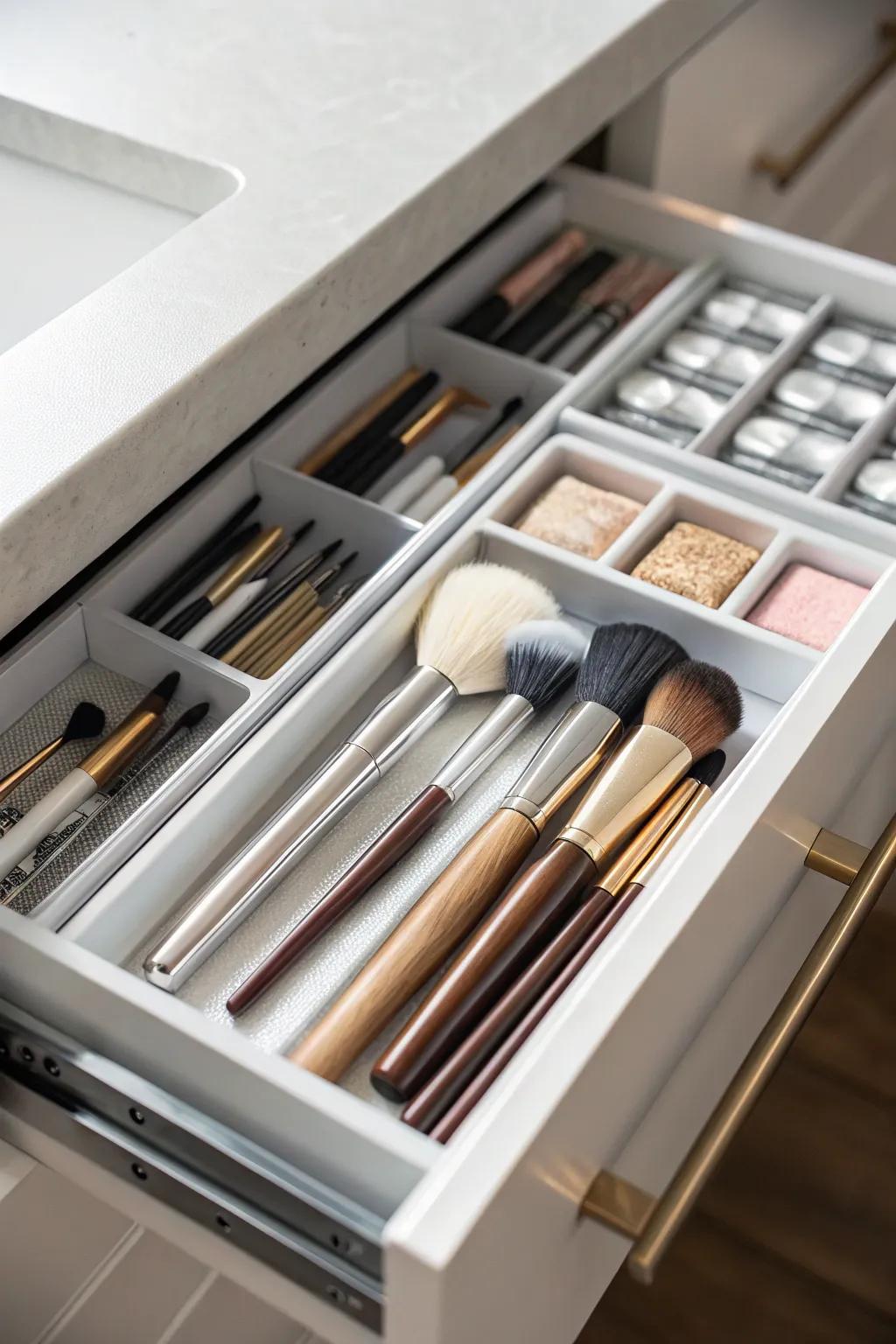 Flatware trays offer an arranged and hidden storage solution for brushes.