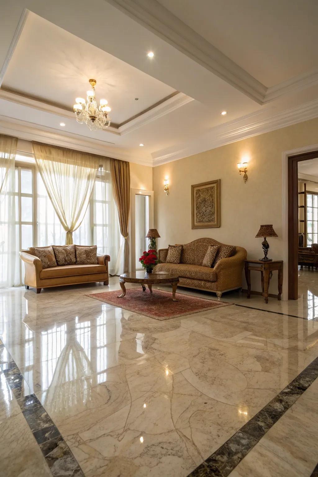 Polished stone reflects light, enhancing brightness.