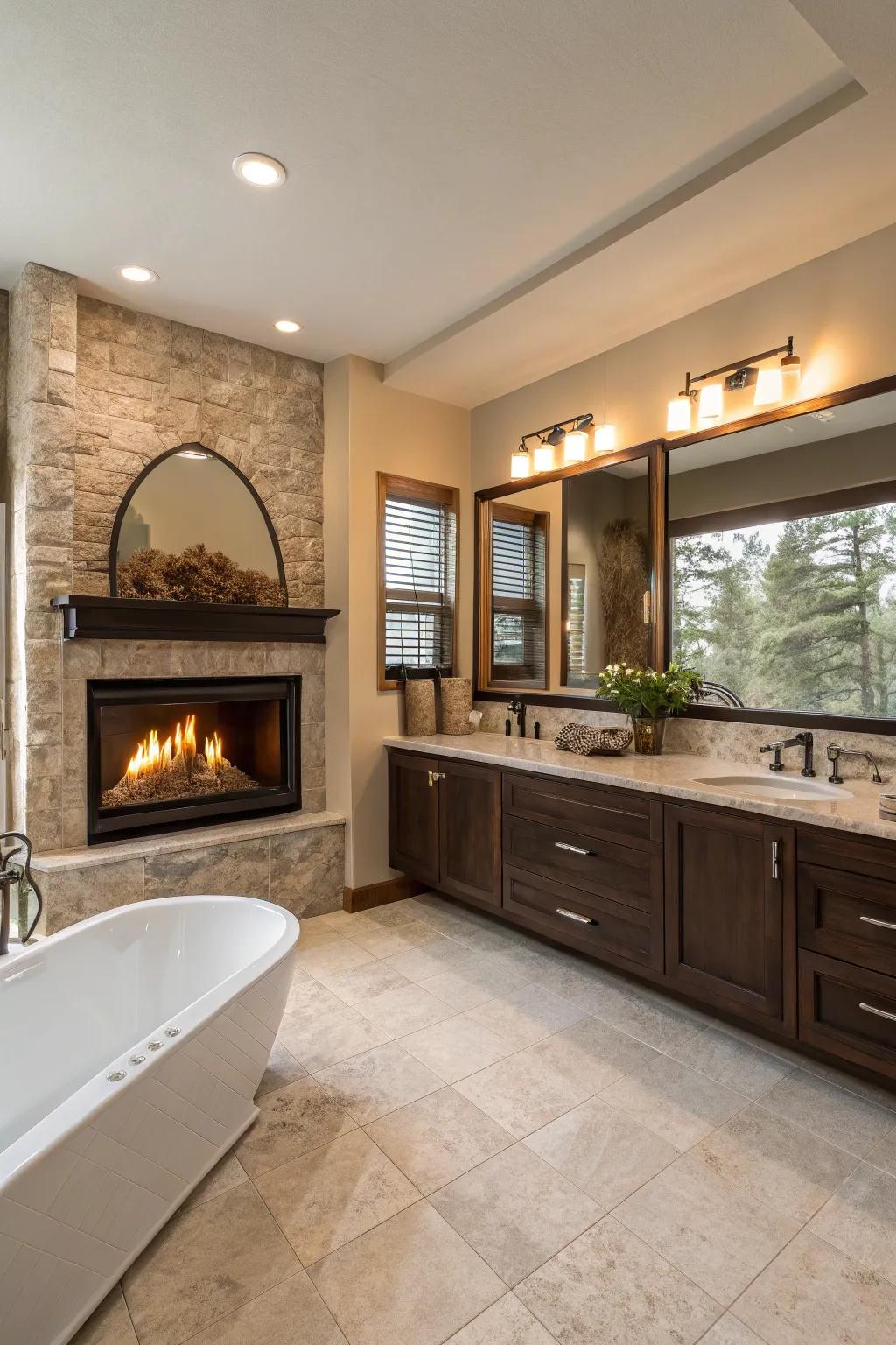 The fireplace adds a warm and inviting touch to this luxurious primary bathroom.