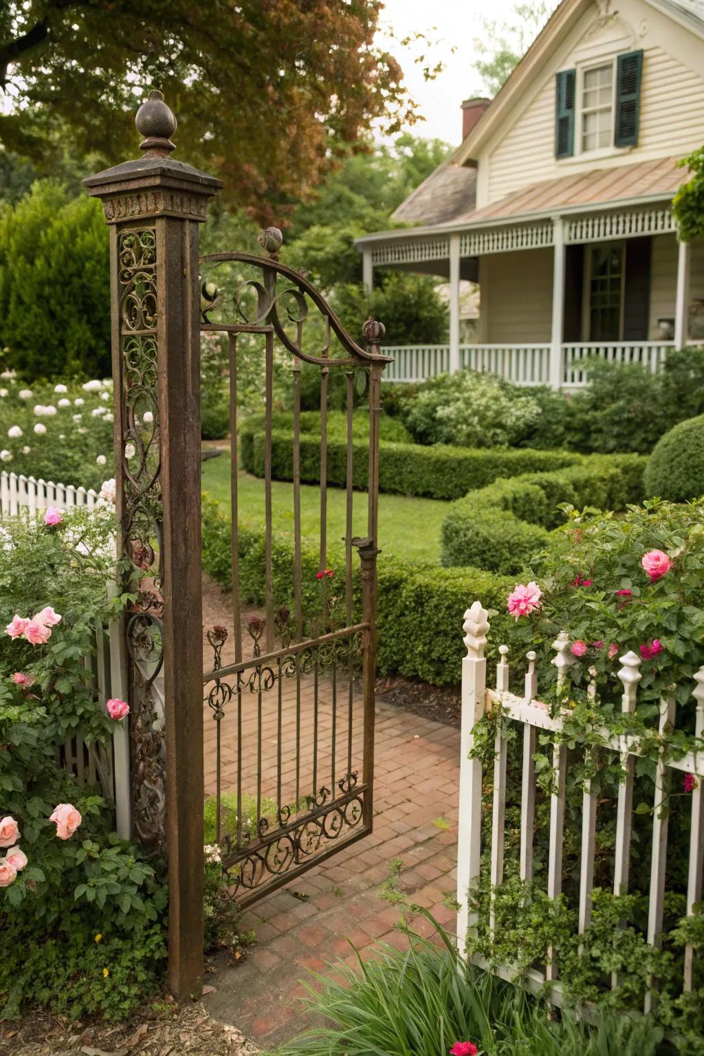 An antique-touched metal gate that conveys vintage allure to your doorway.