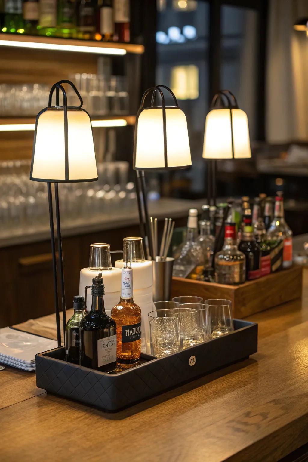 Portable lamps offer versatile lighting options for the home bar.