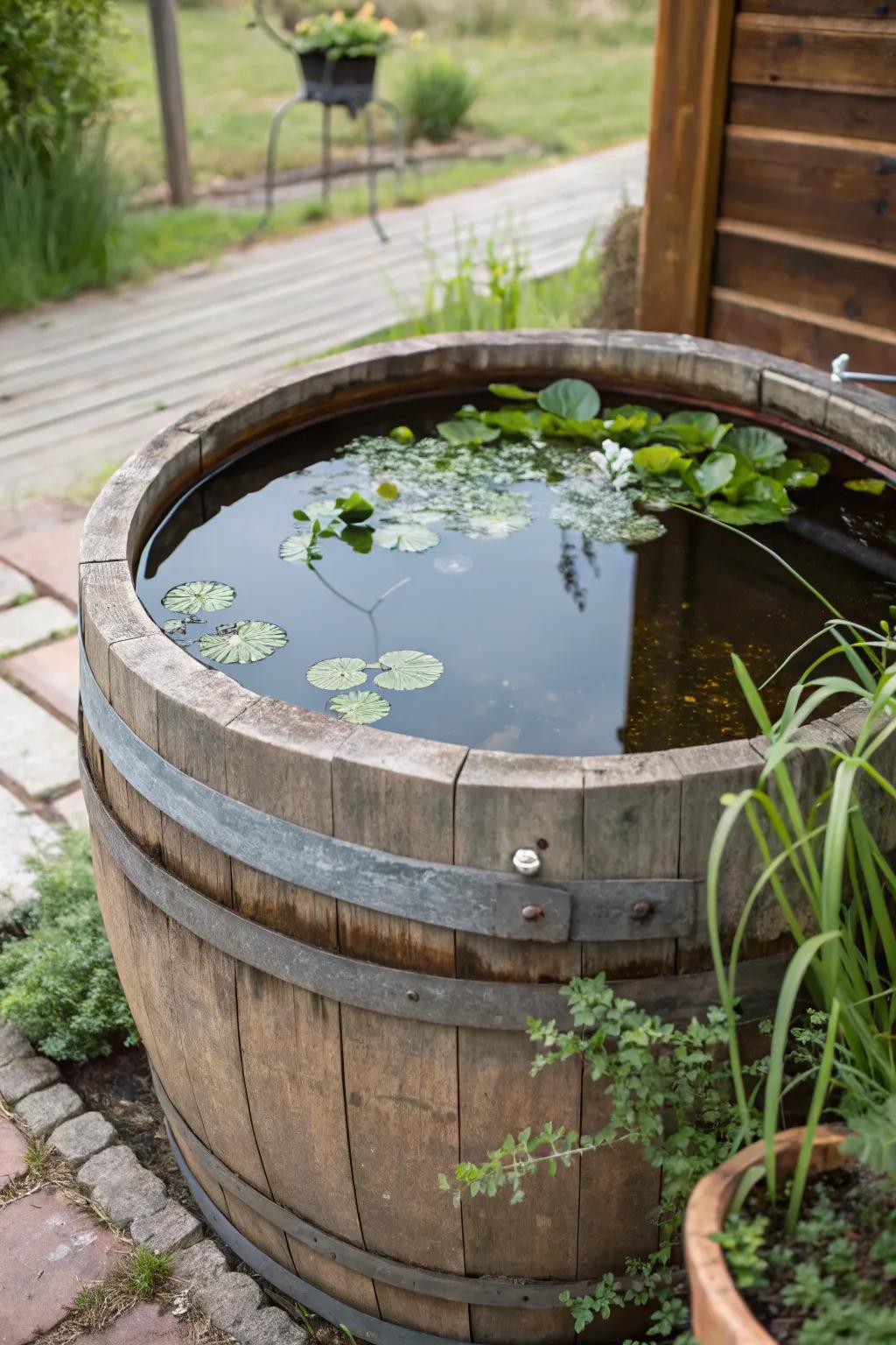 A rustic wood tub turned into a mobile mini pond.