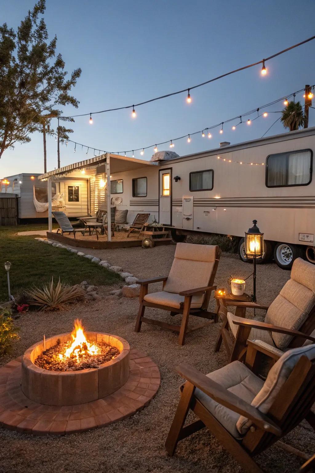 A cozy fire pit that&rsquo;s perfect for evening gatherings and relaxing.