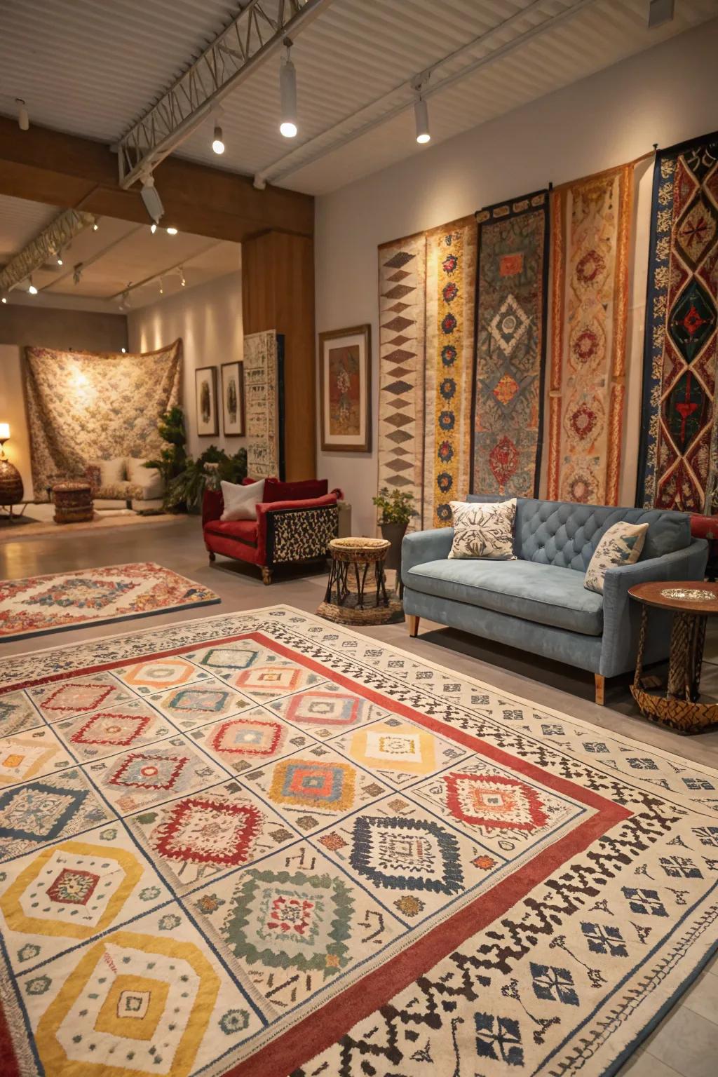 Room showcasing mixed patterned carpets for a playful and dynamic look.