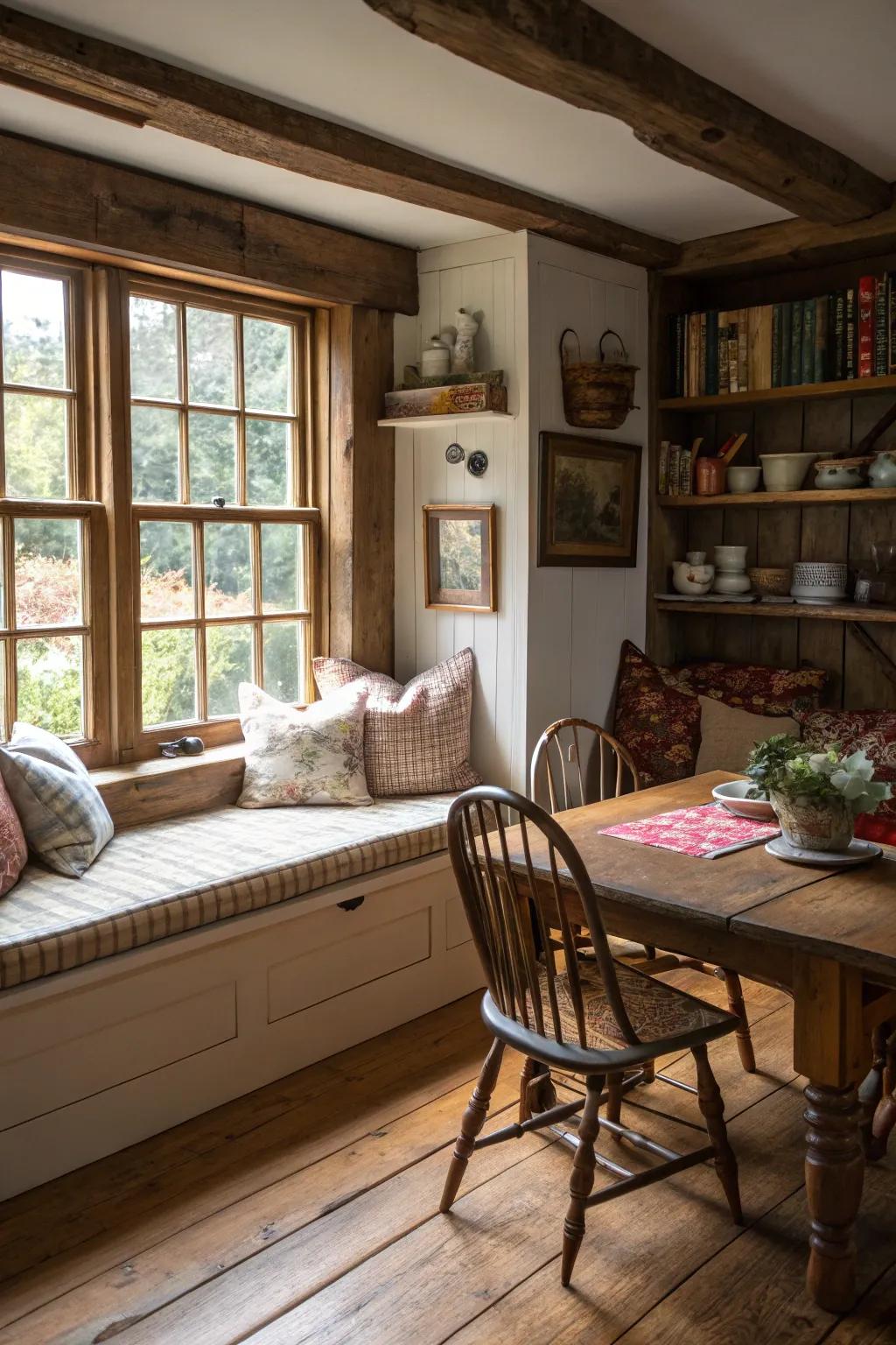 A window seat offers a cozy nook for relaxation.