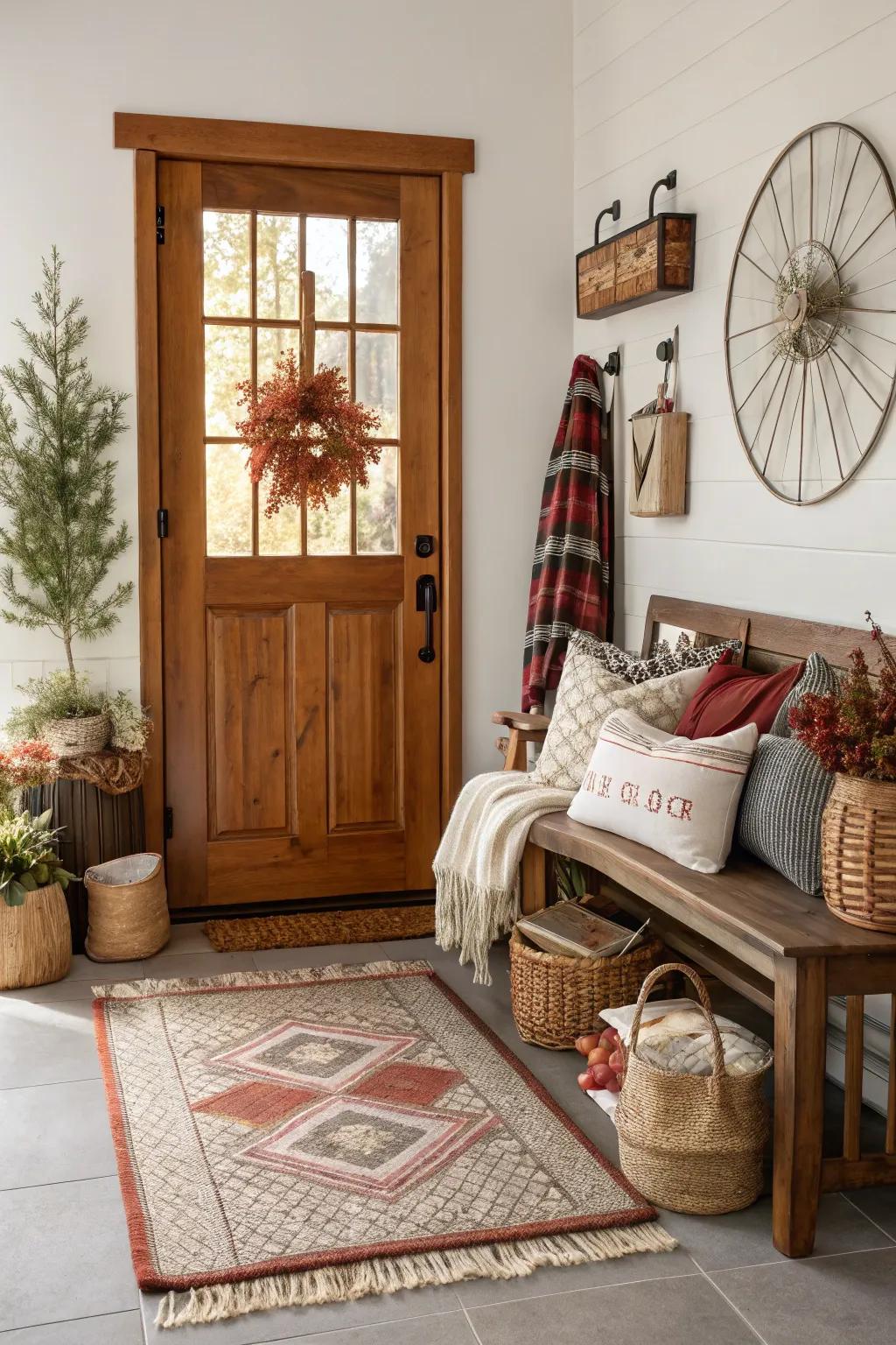 Holiday textiles refresh the entryway's look.