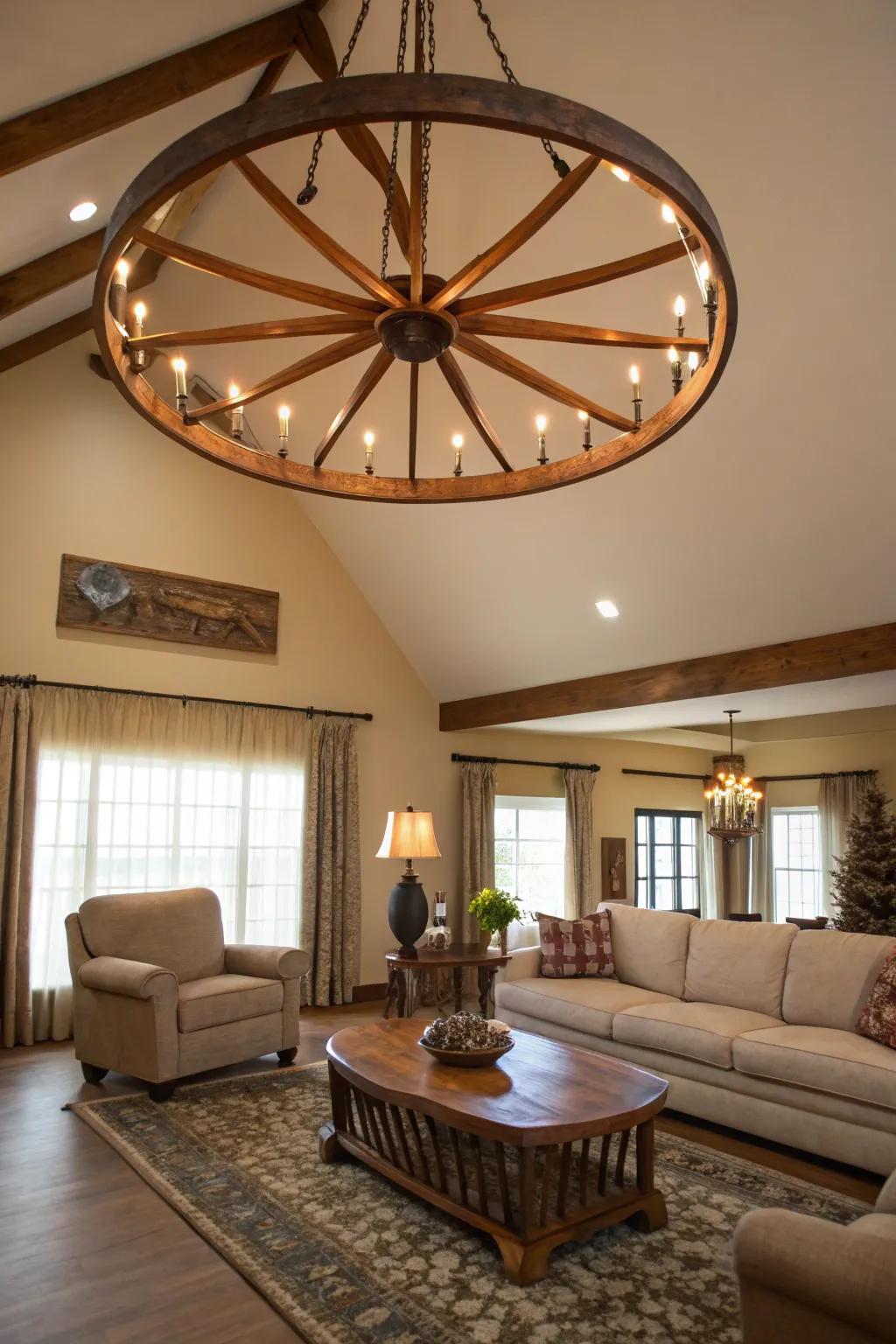 Wagon wheel chandeliers create a grand statement.