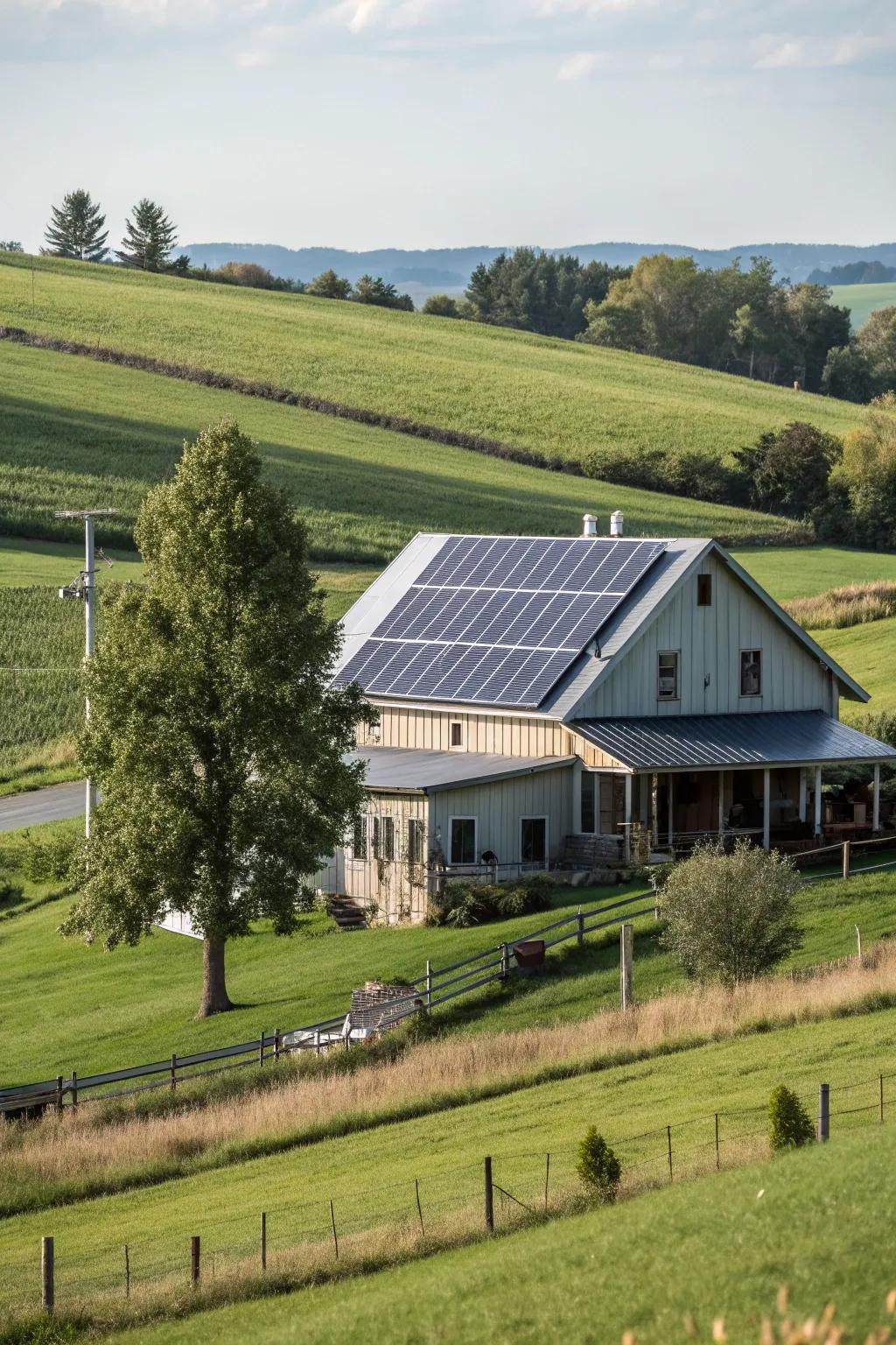 Sustainable innovation: A farmhouse featuring solar panels on a metal roof.