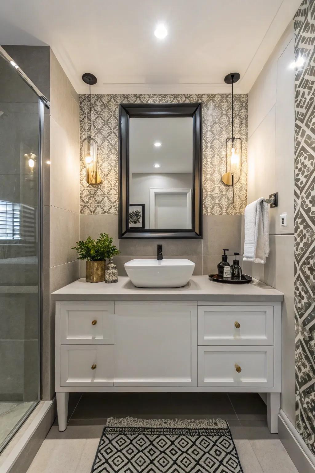 A stand-alone vanity with modern fixtures in a powder room.