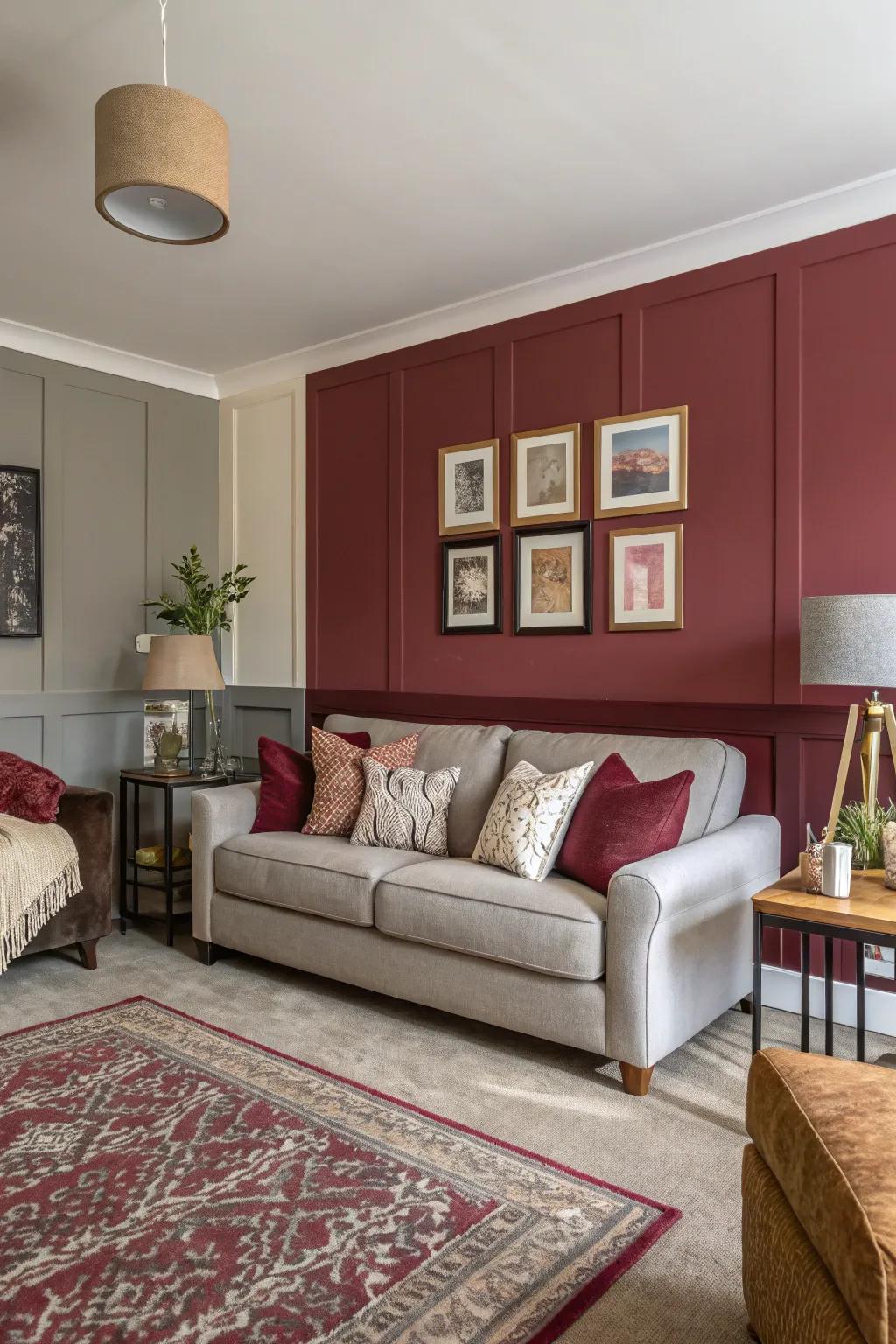 Living room with color-blocked walls in burgundy and grey.