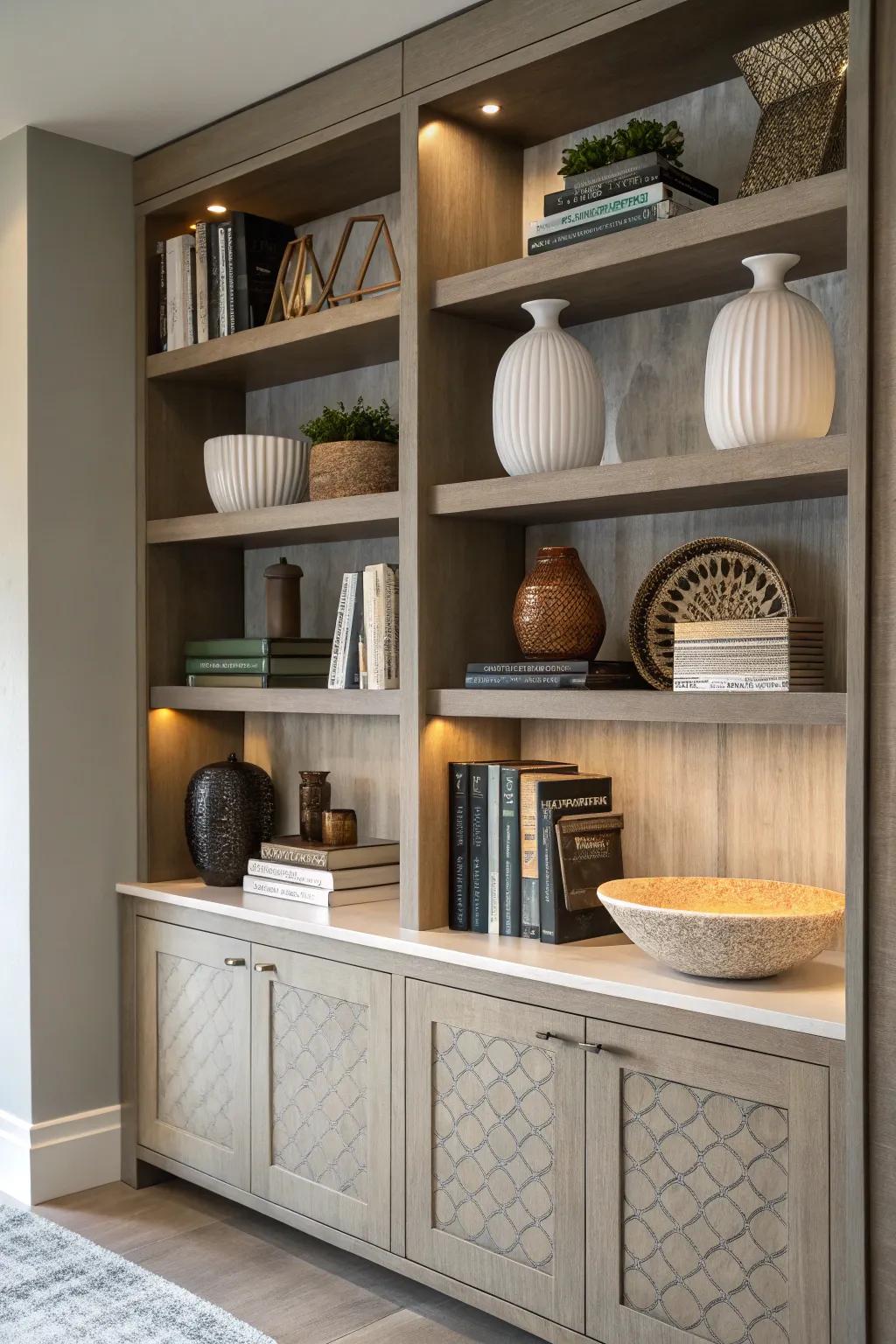 Layering creates depth and a coordinated look in the display cabinet.