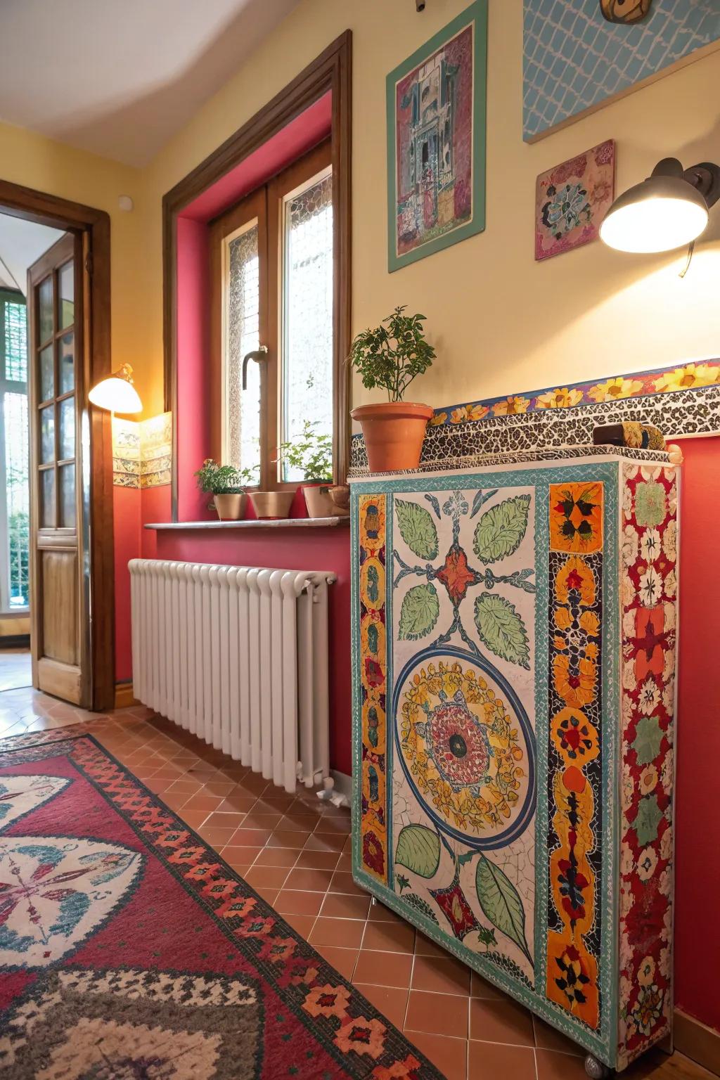 A radiator shield featuring vibrant mosaic tiles.