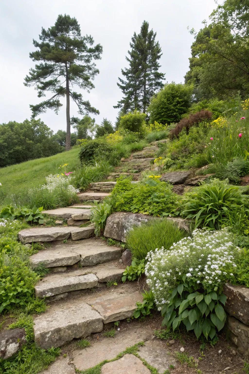 Rock steps offer access and aesthetic appeal to elevated areas.