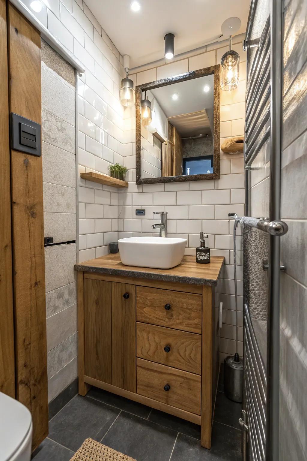 Mixed materials add depth to this small bathroom.