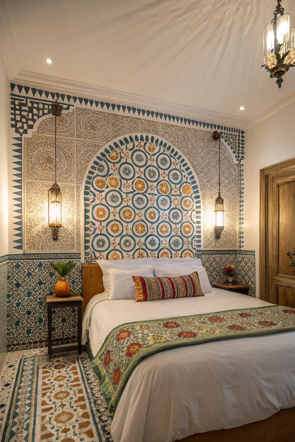 Moorish patterned tiles contribute exotic flair to a modern Spanish bedroom.