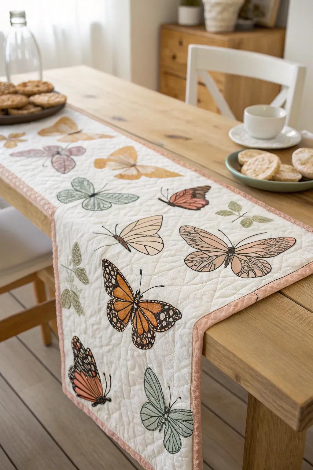 Incorporate a hint of whimsical elegance to your dining space with a handcrafted butterfly table runner, celebrating the loveliness of nature and the art of patchwork.