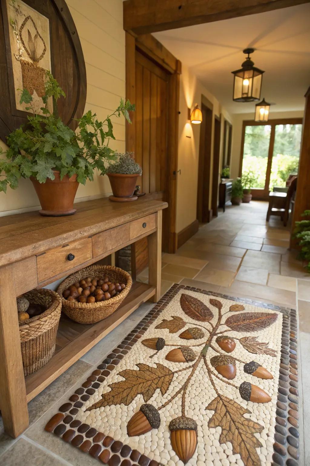 Beechnuts and chestnuts capture the beauty of nature in mosaic art.