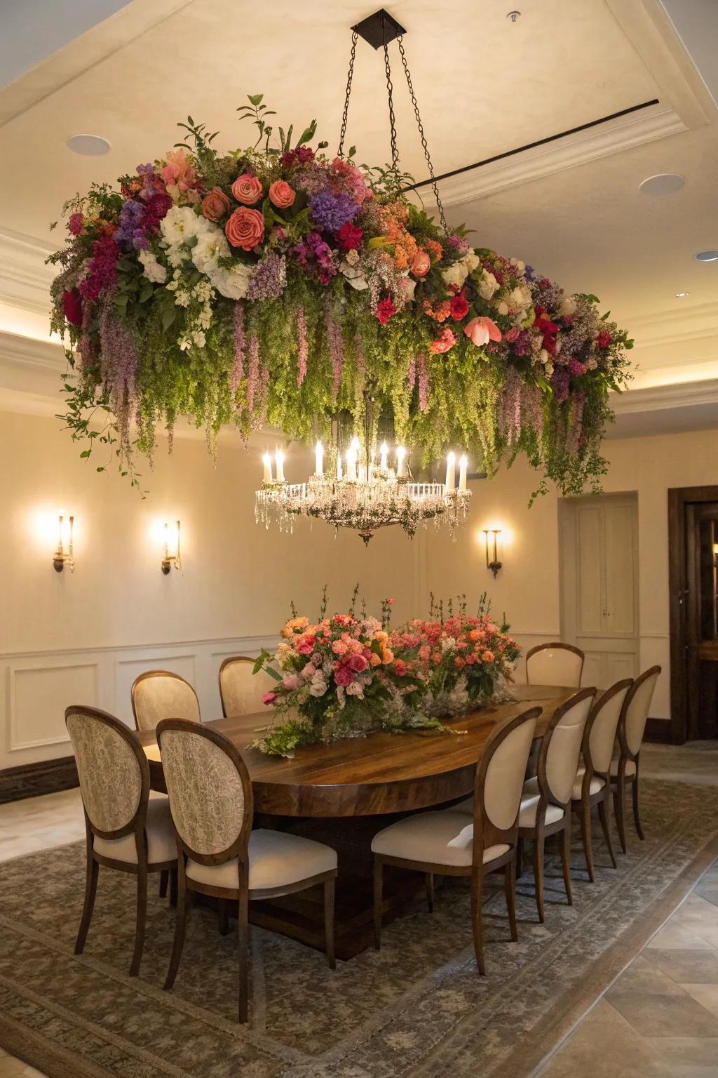 A flower-based chandelier produces a whimsical, garden-like feeling.