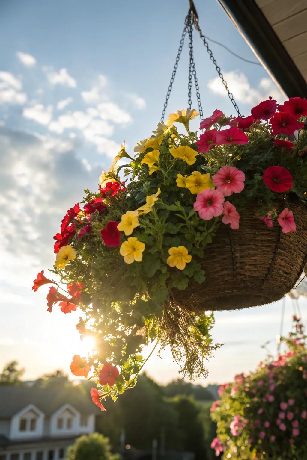 A vibrant suspended basket brimming with blooms.