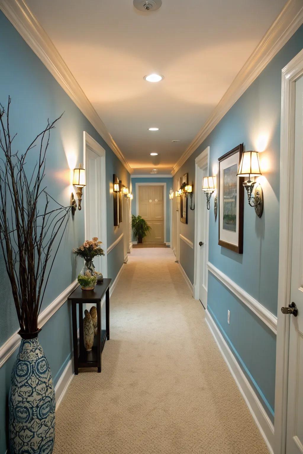 Cohesive pigmentations in illumination and decor unify areas.