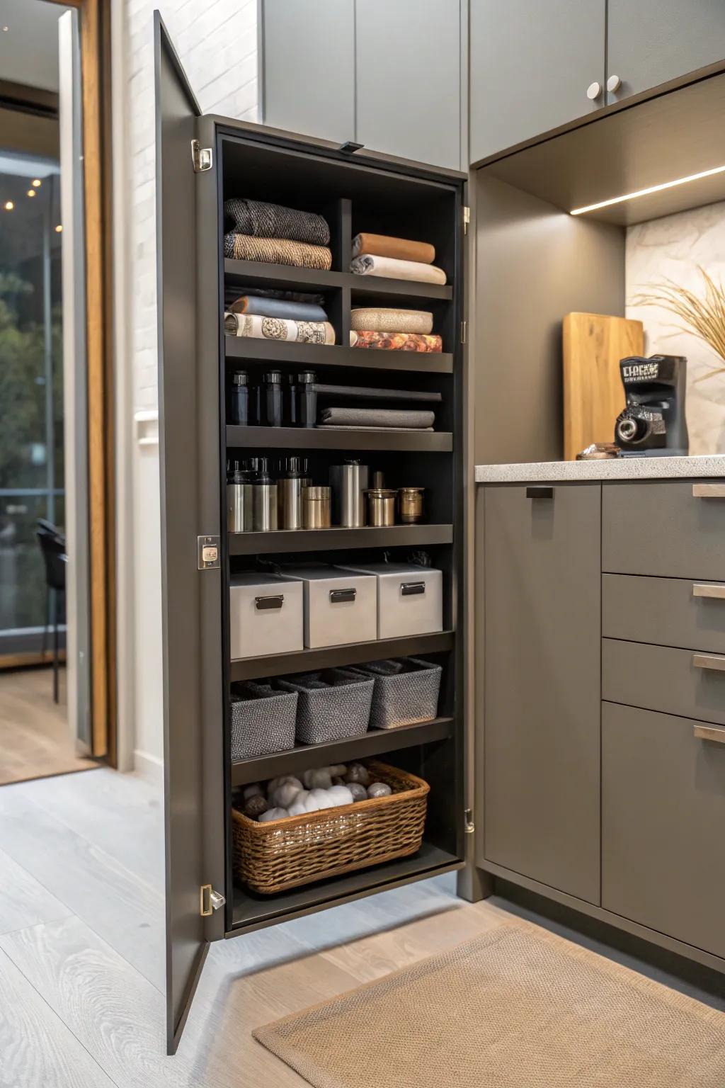 Adaptable shelving within a slim cabinet that provides customizable storage.